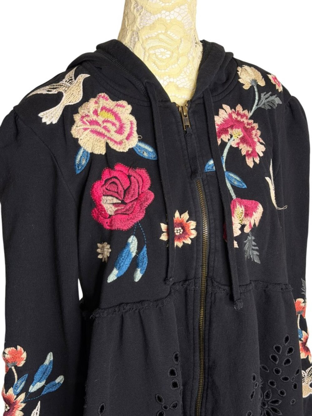 Johnny Was Junia Jacket Embroidered Eyelet Zip Front Hooded Black S - Picture 7 of 12